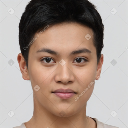 Joyful asian young-adult female with short  brown hair and brown eyes