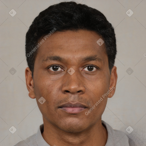 Neutral black adult male with short  black hair and brown eyes