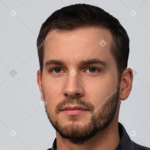 Neutral white young-adult male with short  brown hair and brown eyes