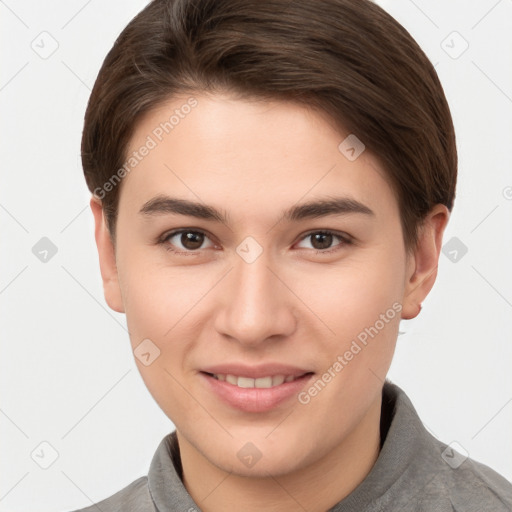 Joyful white young-adult female with short  brown hair and brown eyes