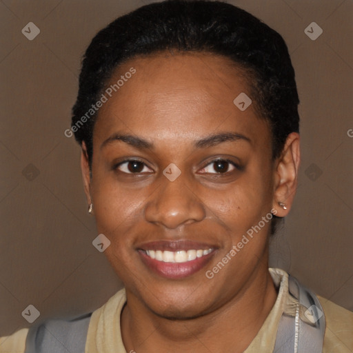 Joyful latino young-adult female with short  black hair and brown eyes