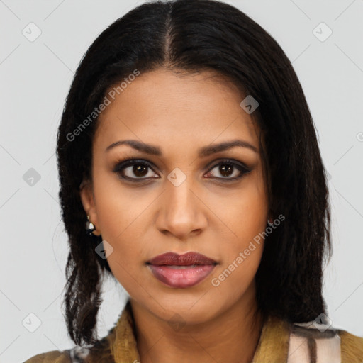 Joyful latino young-adult female with long  brown hair and brown eyes