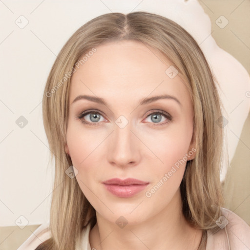 Neutral white young-adult female with medium  brown hair and grey eyes