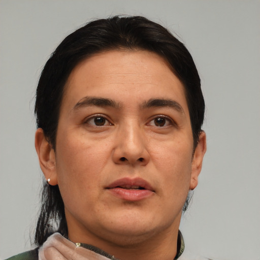 Neutral asian adult male with short  brown hair and brown eyes