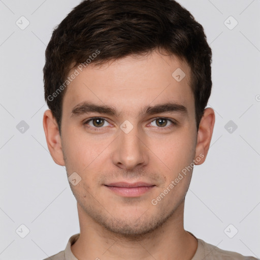 Neutral white young-adult male with short  brown hair and brown eyes