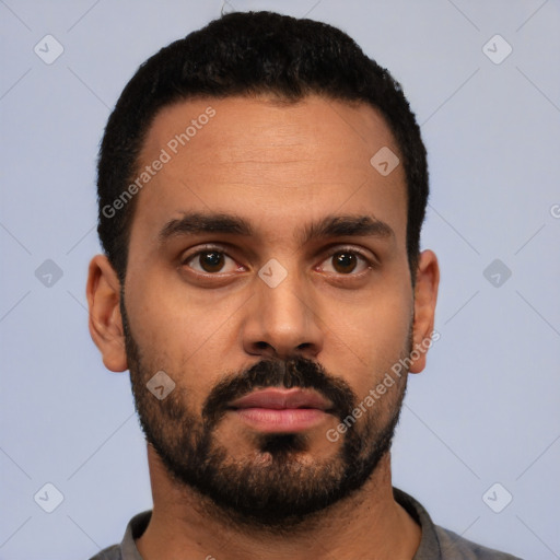 Neutral latino young-adult male with short  black hair and brown eyes