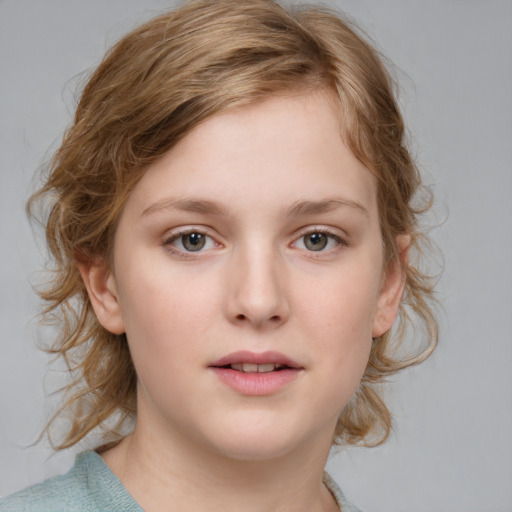 Neutral white child female with medium  brown hair and blue eyes