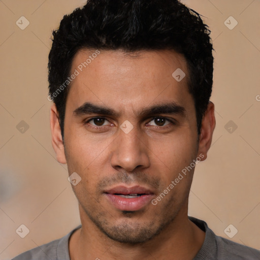 Neutral white young-adult male with short  black hair and brown eyes