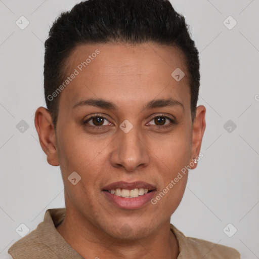 Joyful latino young-adult female with short  brown hair and brown eyes