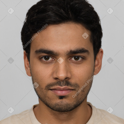 Neutral latino young-adult male with short  black hair and brown eyes