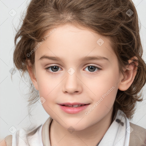 Joyful white child female with medium  brown hair and brown eyes