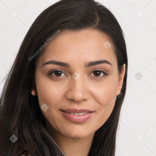 Joyful latino young-adult female with long  brown hair and brown eyes