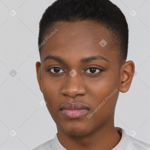 Neutral black young-adult female with short  black hair and brown eyes