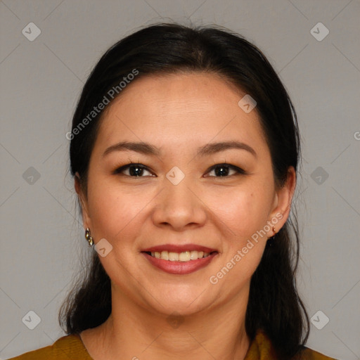 Joyful white young-adult female with medium  brown hair and brown eyes