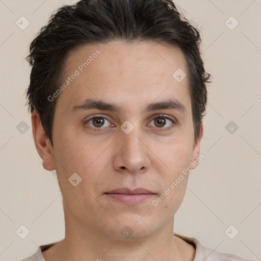 Neutral white young-adult male with short  brown hair and brown eyes