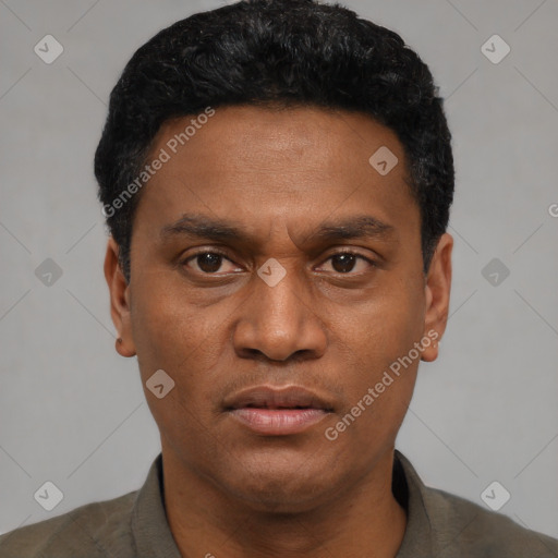 Neutral black adult male with short  black hair and brown eyes