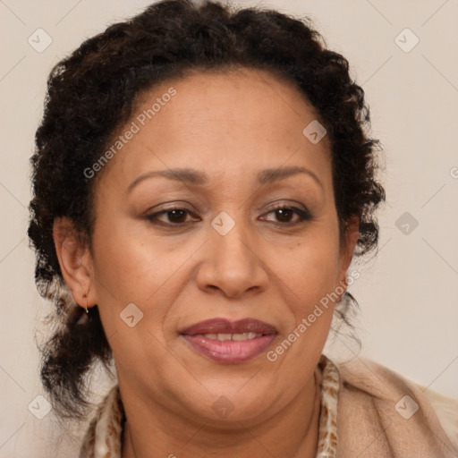 Joyful latino adult female with medium  brown hair and brown eyes