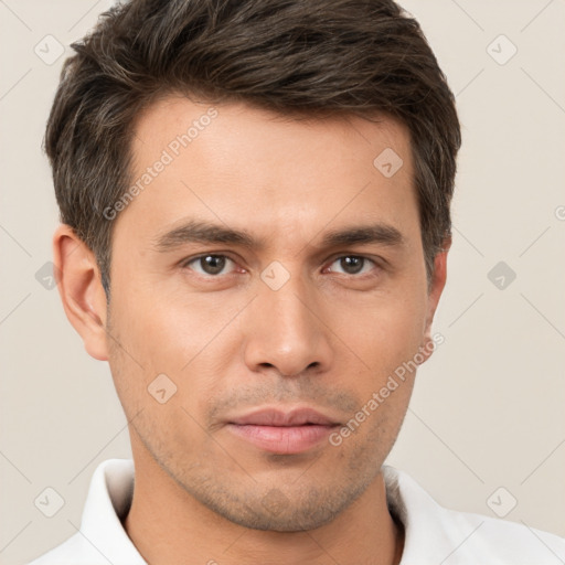 Neutral white young-adult male with short  brown hair and brown eyes