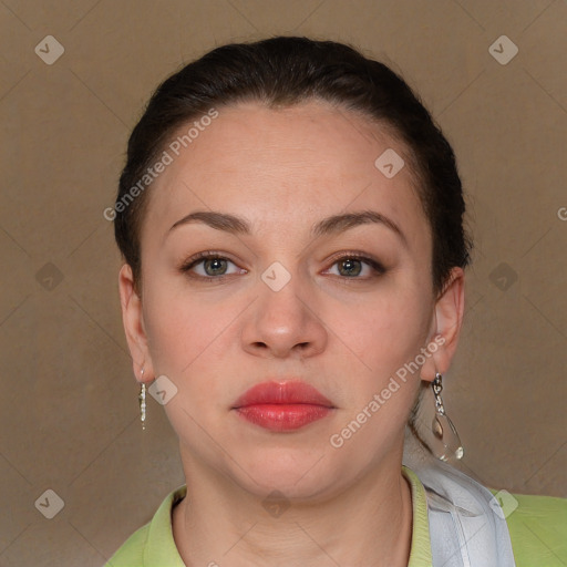 Neutral white young-adult female with short  brown hair and brown eyes