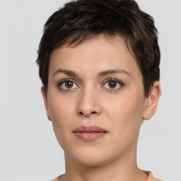 Neutral white young-adult female with short  brown hair and brown eyes