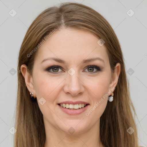 Joyful white young-adult female with long  brown hair and grey eyes