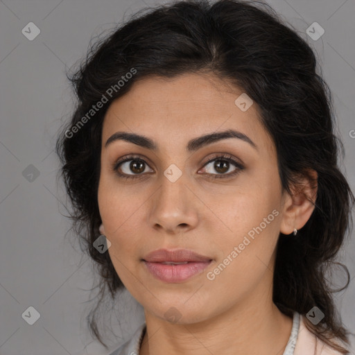 Joyful latino young-adult female with long  brown hair and brown eyes