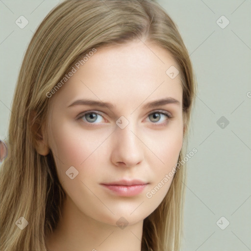 Neutral white young-adult female with long  brown hair and grey eyes