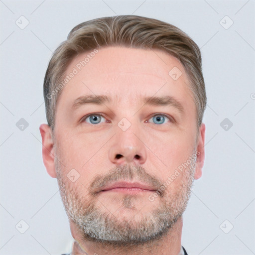 Neutral white adult male with short  brown hair and grey eyes