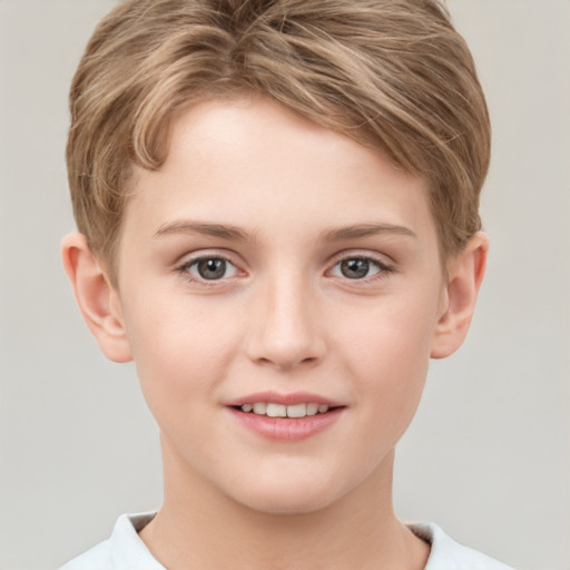 Joyful white child female with short  brown hair and grey eyes