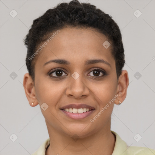 Joyful latino young-adult female with short  brown hair and brown eyes