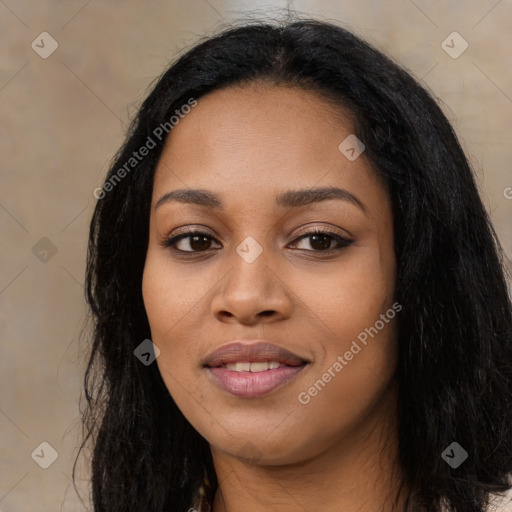 Joyful latino young-adult female with long  black hair and brown eyes