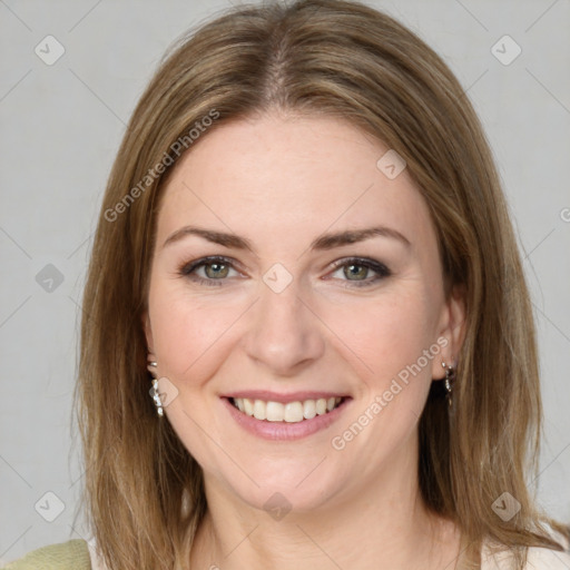 Joyful white young-adult female with medium  brown hair and green eyes