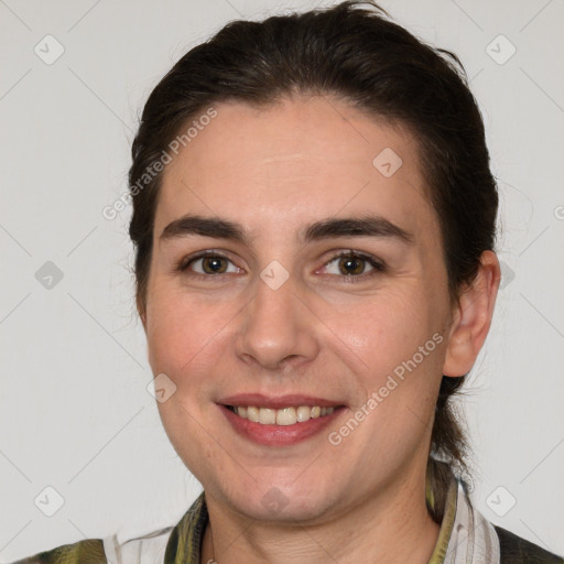 Joyful white young-adult female with medium  brown hair and brown eyes