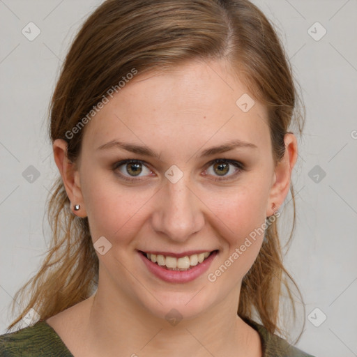 Joyful white young-adult female with medium  brown hair and grey eyes