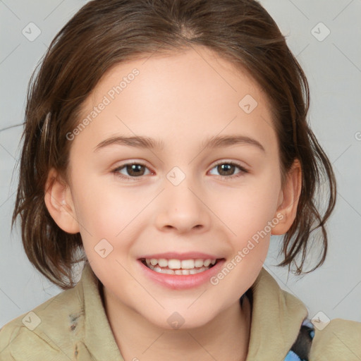 Joyful white child female with medium  brown hair and brown eyes