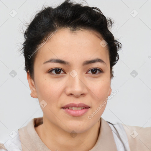 Joyful asian young-adult female with short  brown hair and brown eyes