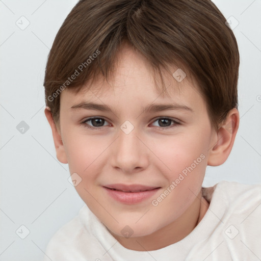 Joyful white child female with short  brown hair and brown eyes