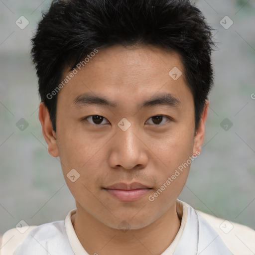 Neutral asian young-adult male with short  black hair and brown eyes