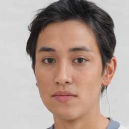 Neutral asian young-adult female with short  brown hair and brown eyes