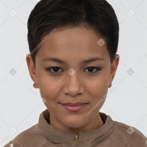 Joyful latino young-adult female with short  brown hair and brown eyes