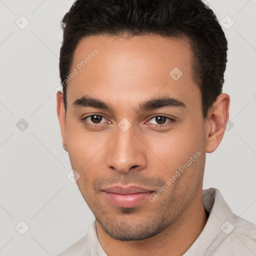 Neutral white young-adult male with short  brown hair and brown eyes