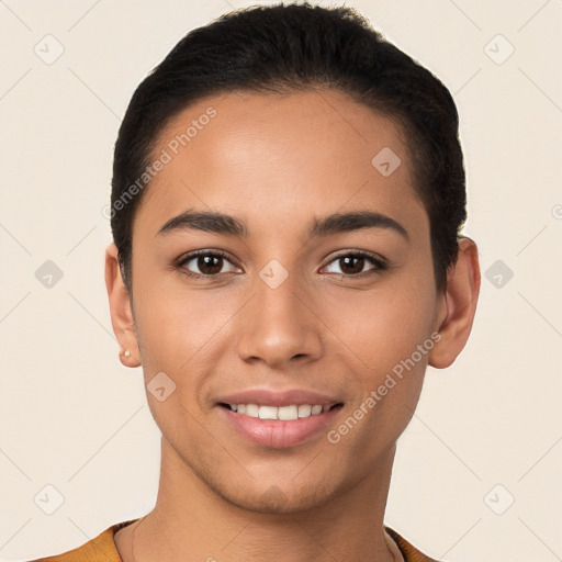 Joyful white young-adult female with short  brown hair and brown eyes