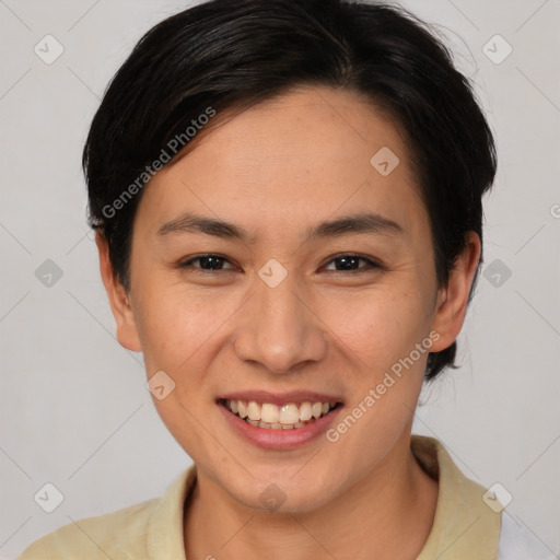 Joyful asian young-adult female with medium  brown hair and brown eyes