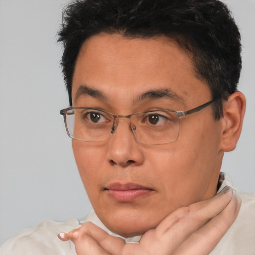 Neutral asian young-adult male with short  brown hair and brown eyes
