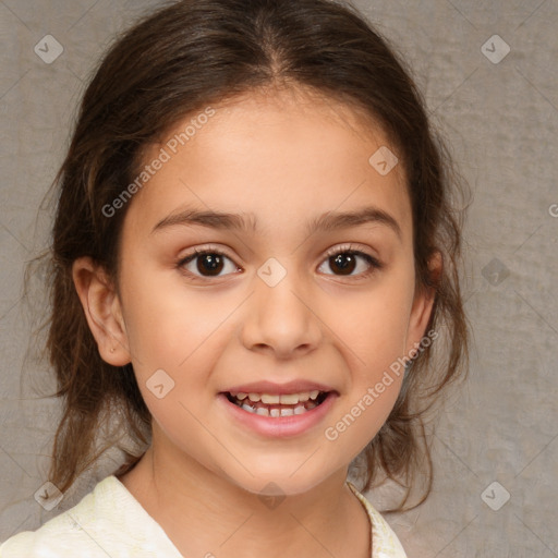 Joyful white child female with medium  brown hair and brown eyes