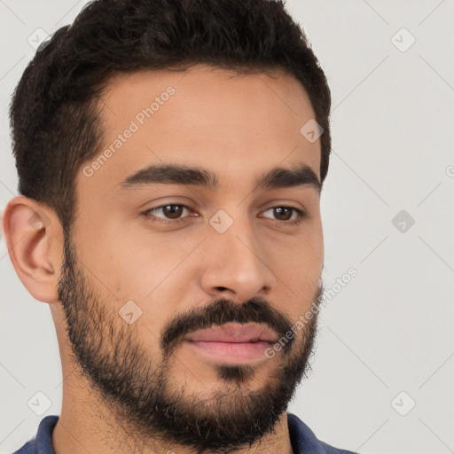 Neutral white young-adult male with short  brown hair and brown eyes