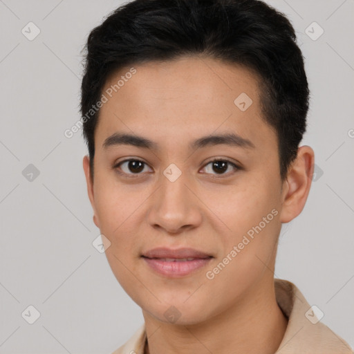 Joyful asian young-adult female with short  brown hair and brown eyes