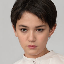 Neutral white young-adult female with short  brown hair and brown eyes