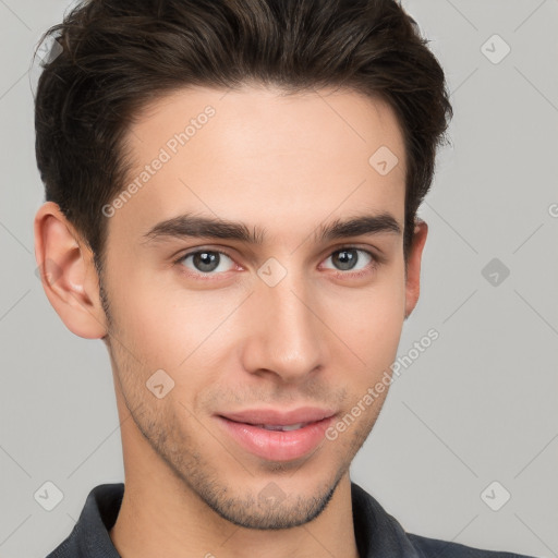 Neutral white young-adult male with short  brown hair and brown eyes