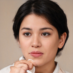Neutral latino young-adult female with medium  brown hair and brown eyes